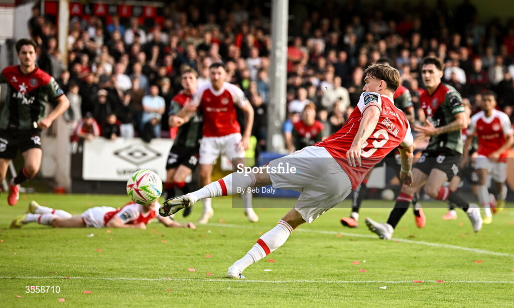 5 September 2026; Anto Breslin of St Patrick's Athletic scores his side's first goal during the Club Orange Men’s FAI Cup quarter-final match between St Patrick's Athletic and Bohemians at Richmond Park in Dublin. Photo by Seb Daly/Sportsfile