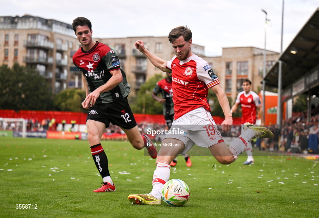 5 September 2026; Barry Baggley of St Patrick's Athletic in action against Patrick Hickey of Bohemians during the Club Orange Men’s FAI Cup quarter-final match between St Patrick's Athletic and Bohemians at Richmond Park in Dublin. Photo by Ben McShane/Sportsfile