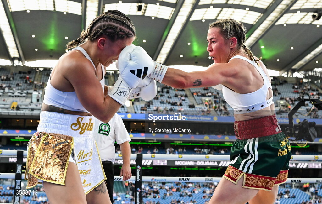 5 September 2026; Molly McCann, right, and Sylwia Doligala during their bantamweight bout at the Once Upon A Time fight night in Croke Park, Dublin. Photo by Stephen McCarthy/Sportsfile