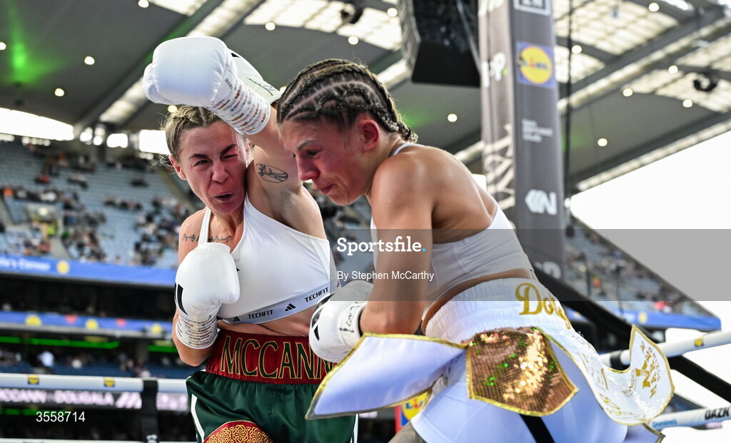5 September 2026; Molly McCann, left, and Sylwia Doligala during their bantamweight bout at the Once Upon A Time fight night in Croke Park, Dublin. Photo by Stephen McCarthy/Sportsfile