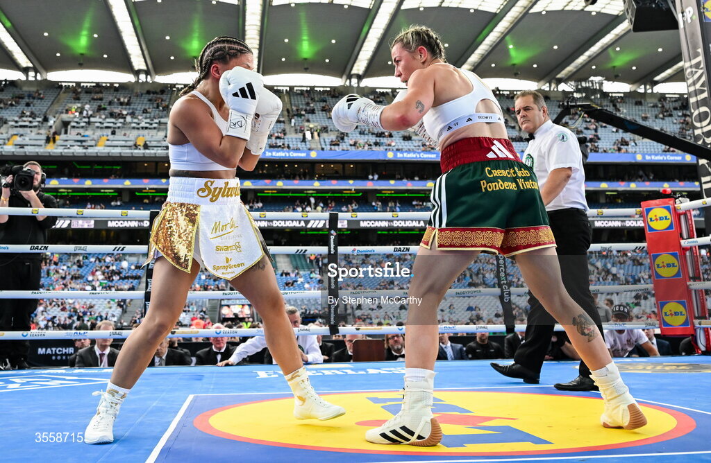 5 September 2026; Molly McCann, right, and Sylwia Doligala during their bantamweight bout at the Once Upon A Time fight night in Croke Park, Dublin. Photo by Stephen McCarthy/Sportsfile
