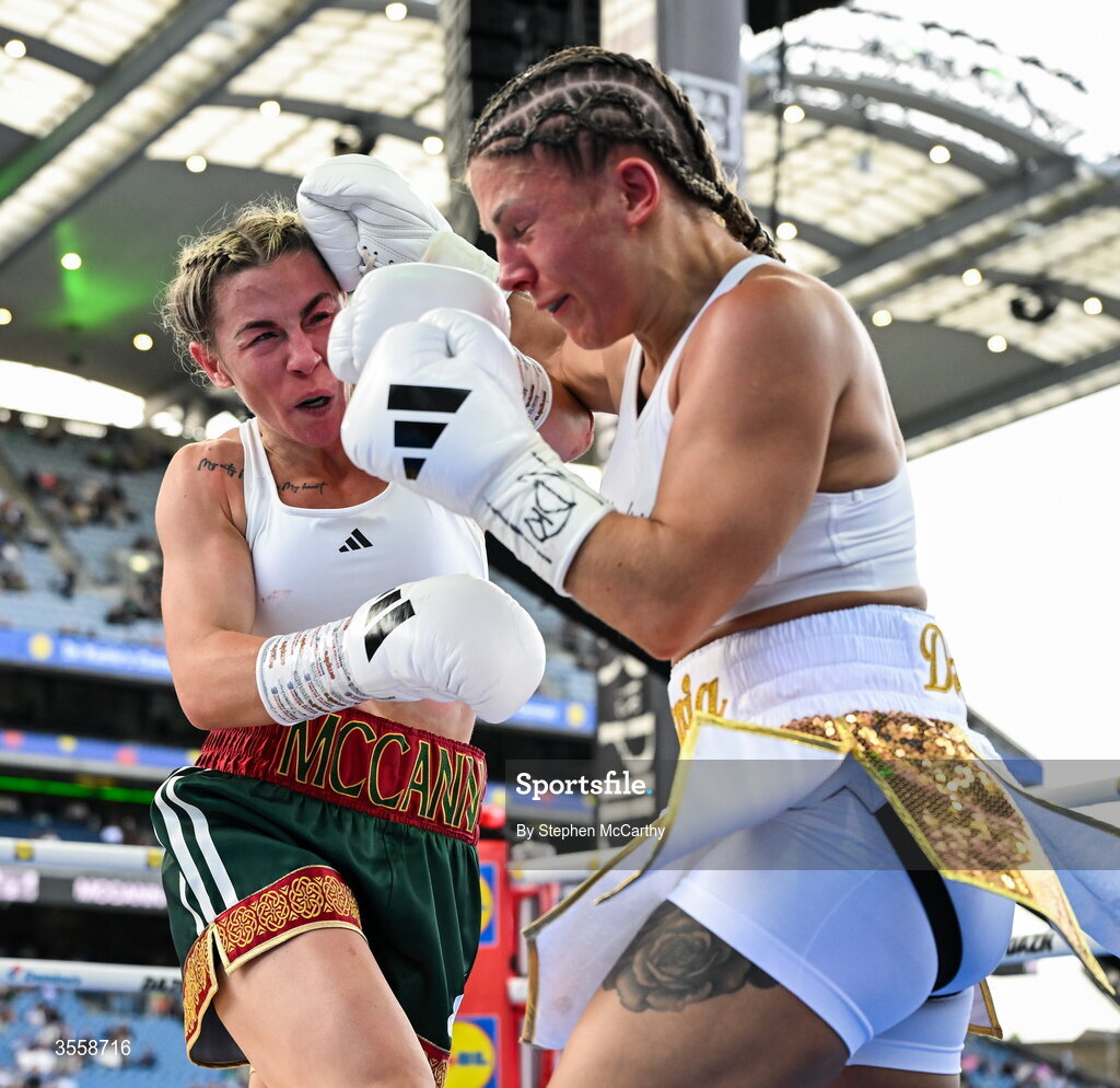 5 September 2026; Molly McCann, left, and Sylwia Doligala during their bantamweight bout at the Once Upon A Time fight night in Croke Park, Dublin. Photo by Stephen McCarthy/Sportsfile