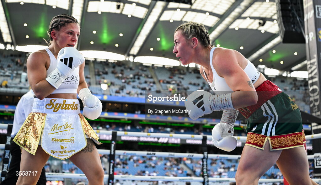 5 September 2026; Molly McCann, right, and Sylwia Doligala during their bantamweight bout at the Once Upon A Time fight night in Croke Park, Dublin. Photo by Stephen McCarthy/Sportsfile