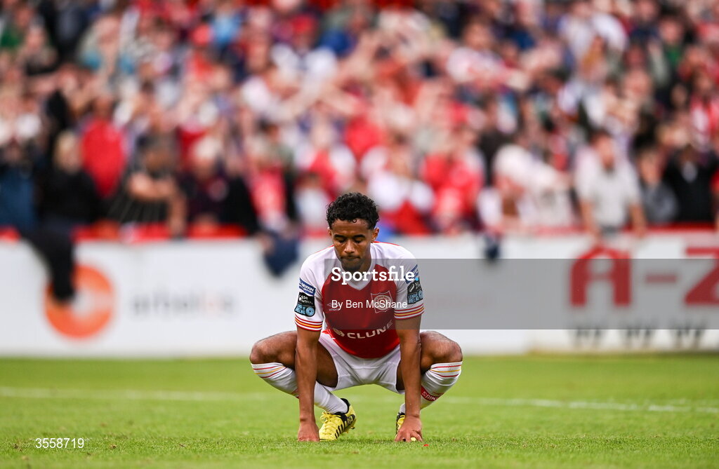 5 September 2026; Romal Palmer of St Patrick's Athletic reacts after a missed opportunity on goal during the Club Orange Men’s FAI Cup quarter-final match between St Patrick's Athletic and Bohemians at Richmond Park in Dublin. Photo by Ben McShane/Sportsfile