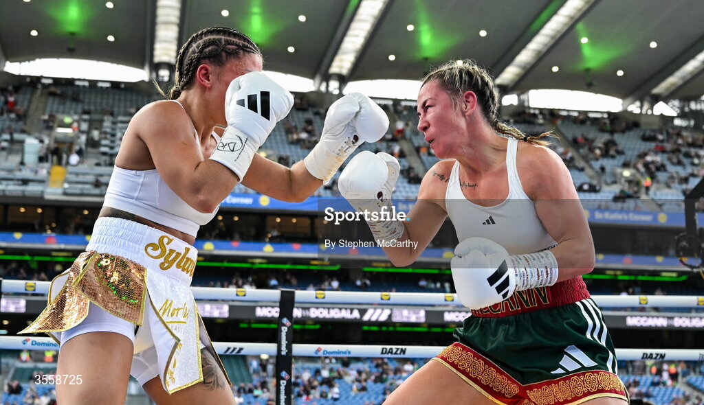 5 September 2026; Molly McCann, right, and Sylwia Doligala during their bantamweight bout at the Once Upon A Time fight night in Croke Park, Dublin. Photo by Stephen McCarthy/Sportsfile