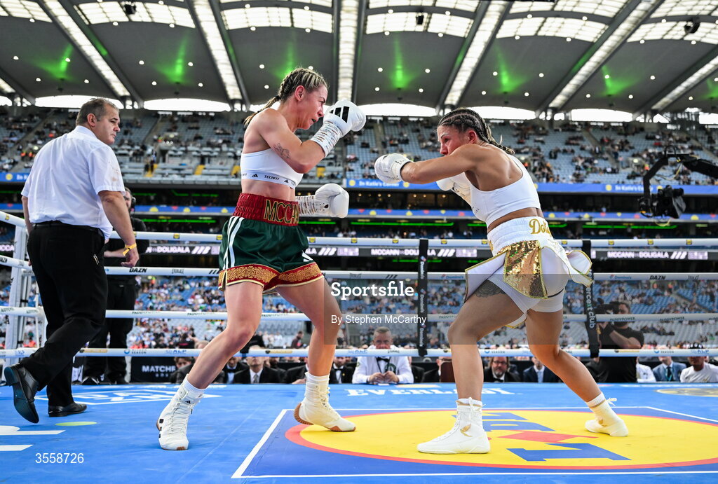 5 September 2026; Molly McCann, left, and Sylwia Doligala during their bantamweight bout at the Once Upon A Time fight night in Croke Park, Dublin. Photo by Stephen McCarthy/Sportsfile