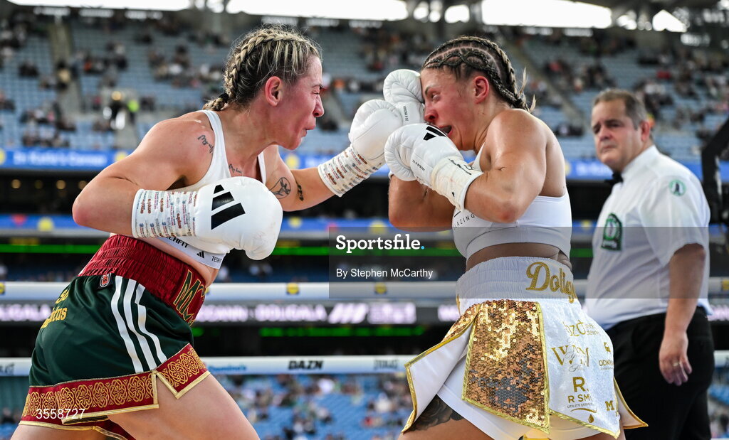 5 September 2026; Molly McCann, left, and Sylwia Doligala during their bantamweight bout at the Once Upon A Time fight night in Croke Park, Dublin. Photo by Stephen McCarthy/Sportsfile