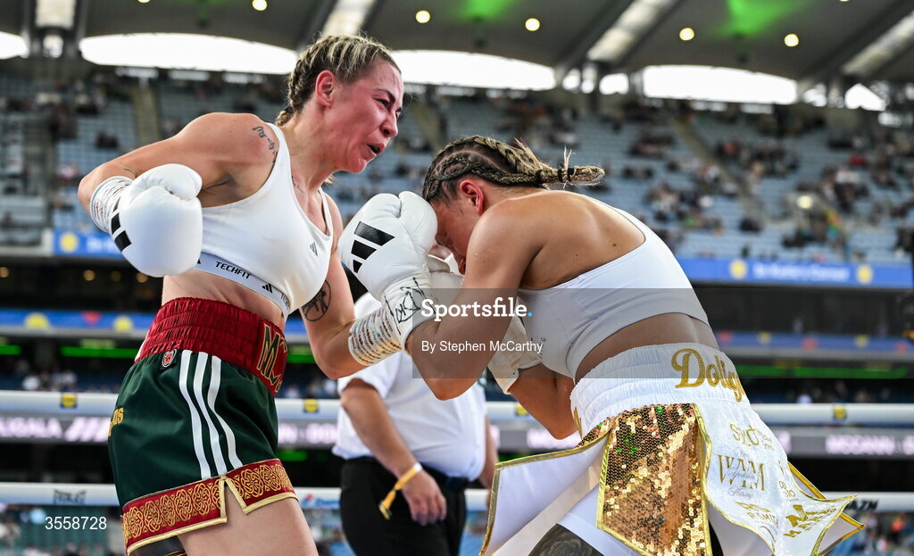 5 September 2026; Molly McCann, left, and Sylwia Doligala during their bantamweight bout at the Once Upon A Time fight night in Croke Park, Dublin. Photo by Stephen McCarthy/Sportsfile