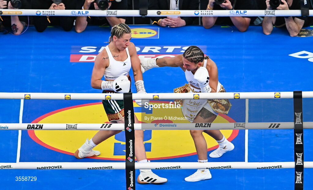 5 September 2026; Molly McCann, left, and Sylwia Doligala during their bantamweight bout at the Once Upon A Time fight night in Croke Park, Dublin. Photo by Piaras Ó Mídheach/Sportsfile