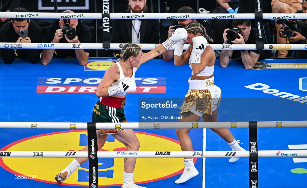 5 September 2026; Molly McCann, left, and Sylwia Doligala during their bantamweight bout at the Once Upon A Time fight night in Croke Park, Dublin. Photo by Piaras Ó Mídheach/Sportsfile