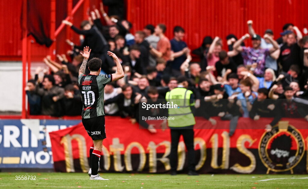 5 September 2026; Dawson Devoy of Bohemians celebrates toward the Bohemians supporters after their first goal, an own-goal scored by Ryan Edmondson of St Patrick's Athletic, not pictured, during the Club Orange Men’s FAI Cup quarter-final match between St Patrick's Athletic and Bohemians at Richmond Park in Dublin. Photo by Ben McShane/Sportsfile