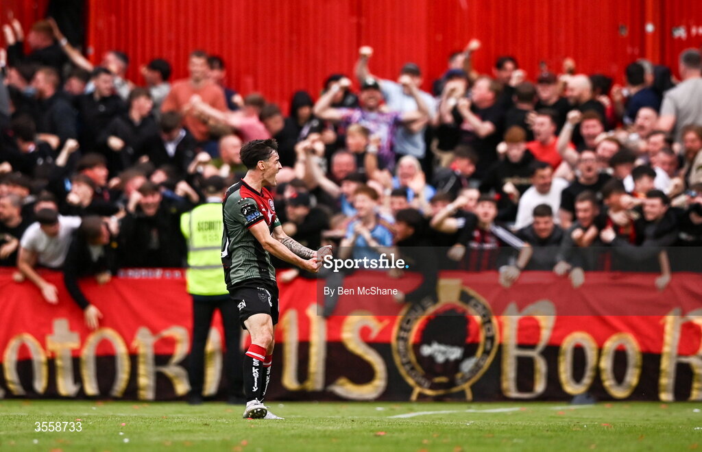 5 September 2026; Dawson Devoy of Bohemians celebrates toward the Bohemians supporters after their first goal, an own-goal scored by Ryan Edmondson of St Patrick's Athletic, not pictured, during the Club Orange Men’s FAI Cup quarter-final match between St Patrick's Athletic and Bohemians at Richmond Park in Dublin. Photo by Ben McShane/Sportsfile