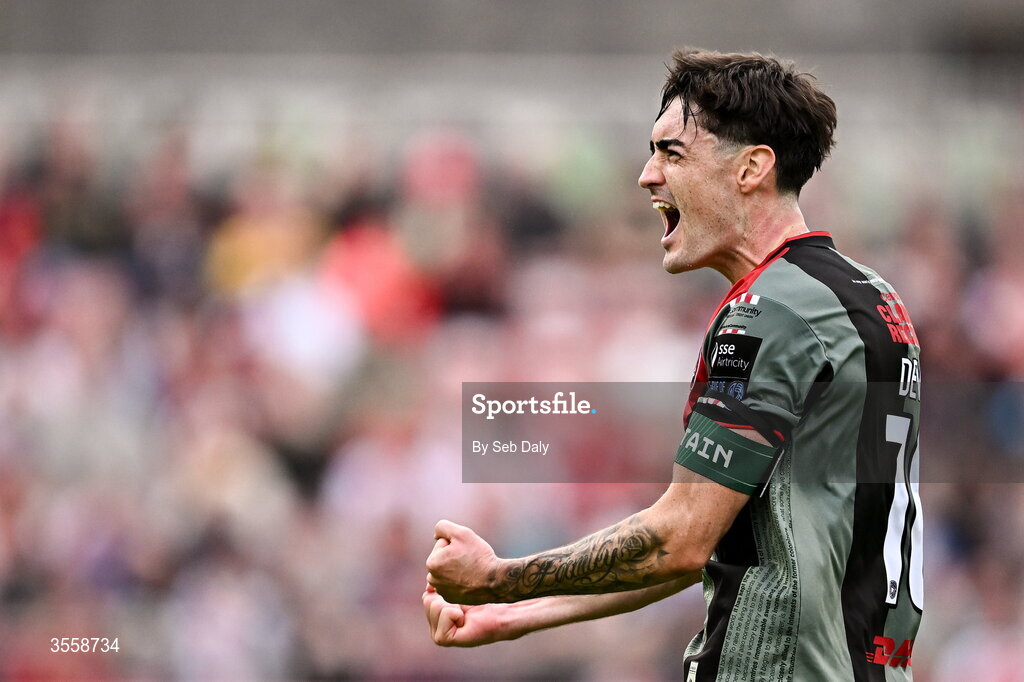 5 September 2026; Dawson Devoy of Bohemians celebrates his side's first goal, an own goal scored by St Patrick's Athletic's Ryan Edmondson, during the Club Orange Men’s FAI Cup quarter-final match between St Patrick's Athletic and Bohemians at Richmond Park in Dublin. Photo by Seb Daly/Sportsfile