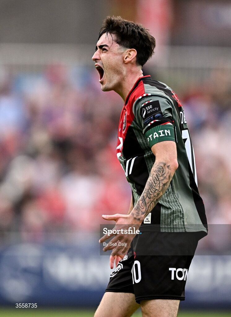 5 September 2026; Dawson Devoy of Bohemians celebrates his side's first goal, an own goal scored by St Patrick's Athletic's Ryan Edmondson, during the Club Orange Men’s FAI Cup quarter-final match between St Patrick's Athletic and Bohemians at Richmond Park in Dublin. Photo by Seb Daly/Sportsfile