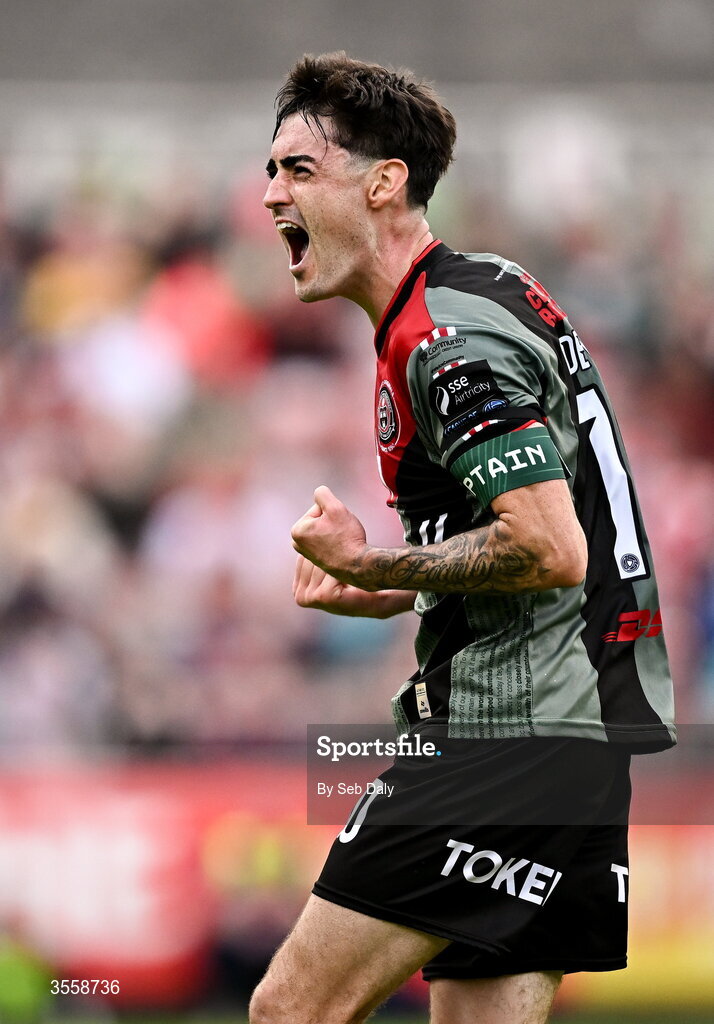 5 September 2026; Dawson Devoy of Bohemians celebrates his side's first goal, an own goal scored by St Patrick's Athletic's Ryan Edmondson, during the Club Orange Men’s FAI Cup quarter-final match between St Patrick's Athletic and Bohemians at Richmond Park in Dublin. Photo by Seb Daly/Sportsfile