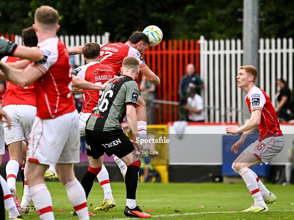 5 September 2026; Ryan Edmondson of St Patrick's Athletic scores an own goal during the Club Orange Men’s FAI Cup quarter-final match between St Patrick's Athletic and Bohemians at Richmond Park in Dublin. Photo by Seb Daly/Sportsfile