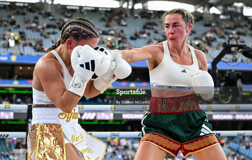 5 September 2026; Molly McCann, right, and Sylwia Doligala during their bantamweight bout at the Once Upon A Time fight night in Croke Park, Dublin. Photo by Stephen McCarthy/Sportsfile