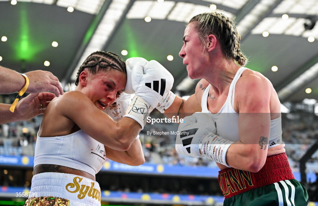 5 September 2026; Molly McCann, right, and Sylwia Doligala during their bantamweight bout at the Once Upon A Time fight night in Croke Park, Dublin. Photo by Stephen McCarthy/Sportsfile