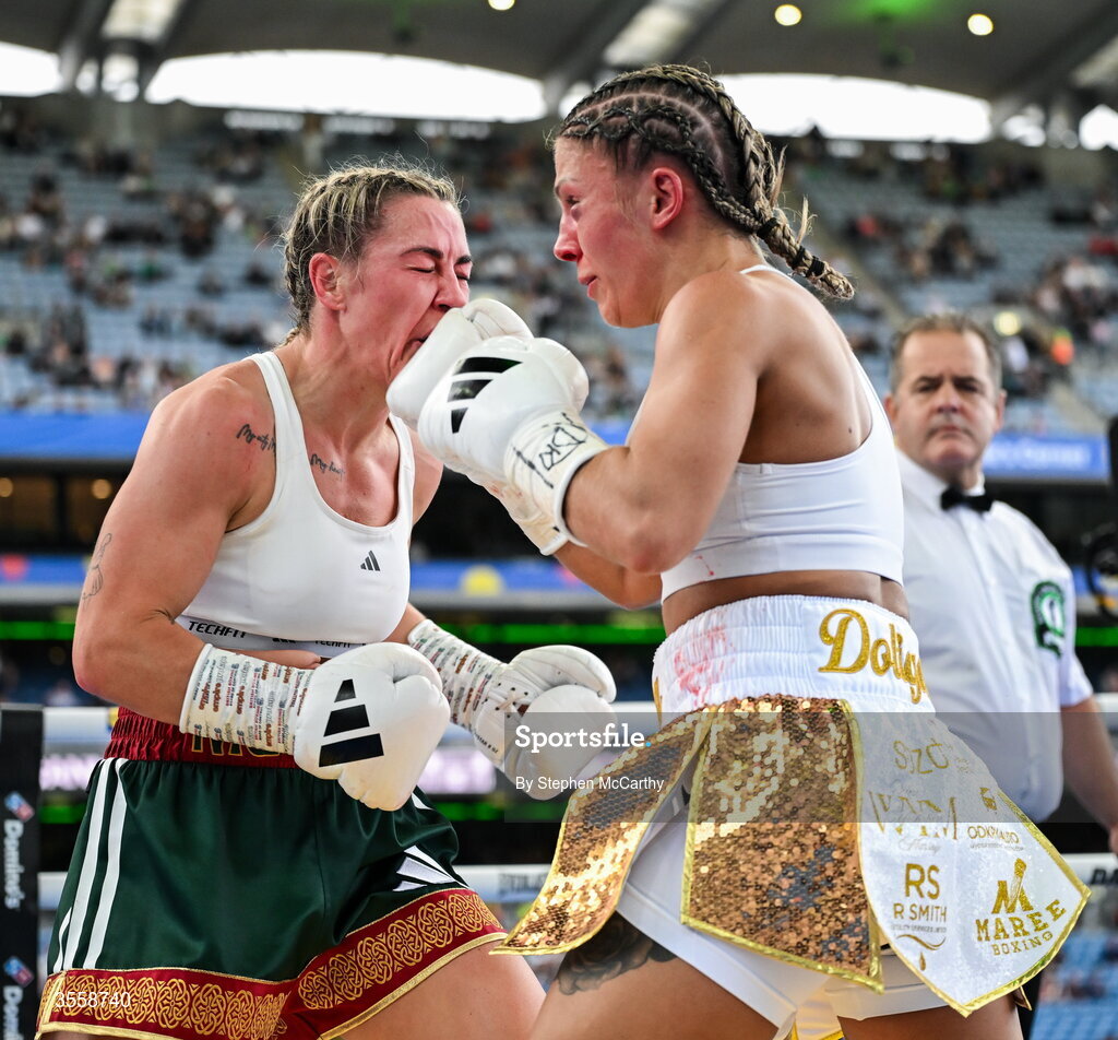 5 September 2026; Molly McCann, left, and Sylwia Doligala during their bantamweight bout at the Once Upon A Time fight night in Croke Park, Dublin. Photo by Stephen McCarthy/Sportsfile