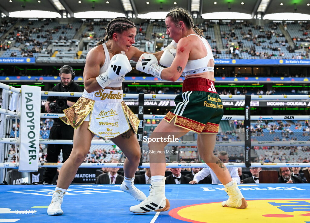 5 September 2026; Molly McCann, right, and Sylwia Doligala during their bantamweight bout at the Once Upon A Time fight night in Croke Park, Dublin. Photo by Stephen McCarthy/Sportsfile