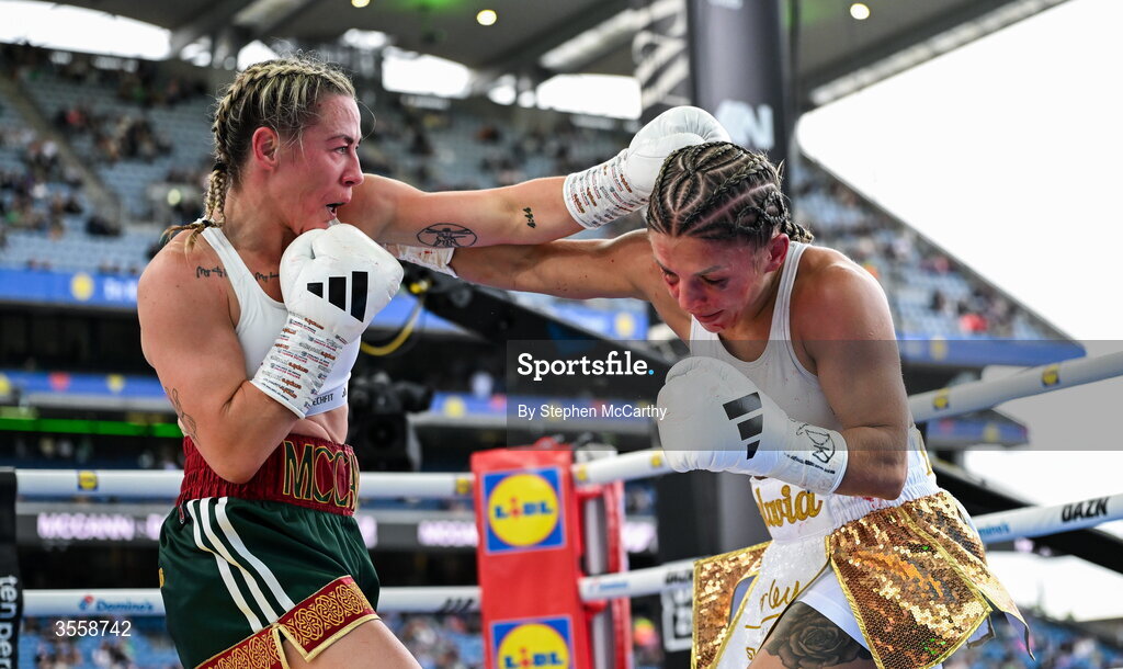 5 September 2026; Molly McCann, left, and Sylwia Doligala during their bantamweight bout at the Once Upon A Time fight night in Croke Park, Dublin. Photo by Stephen McCarthy/Sportsfile