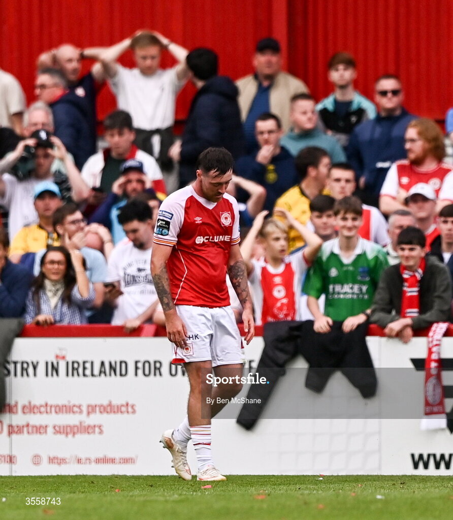 5 September 2026; Ryan Edmondson of St Patrick's Athletic reacts after scoring an own-goal during the Club Orange Men’s FAI Cup quarter-final match between St Patrick's Athletic and Bohemians at Richmond Park in Dublin. Photo by Ben McShane/Sportsfile