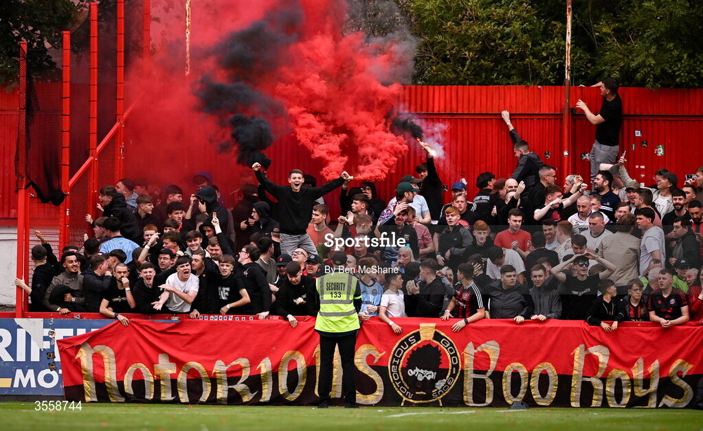 5 September 2026; Bohemians supporters celebrate their first goal during the Club Orange Men’s FAI Cup quarter-final match between St Patrick's Athletic and Bohemians at Richmond Park in Dublin. Photo by Ben McShane/Sportsfile