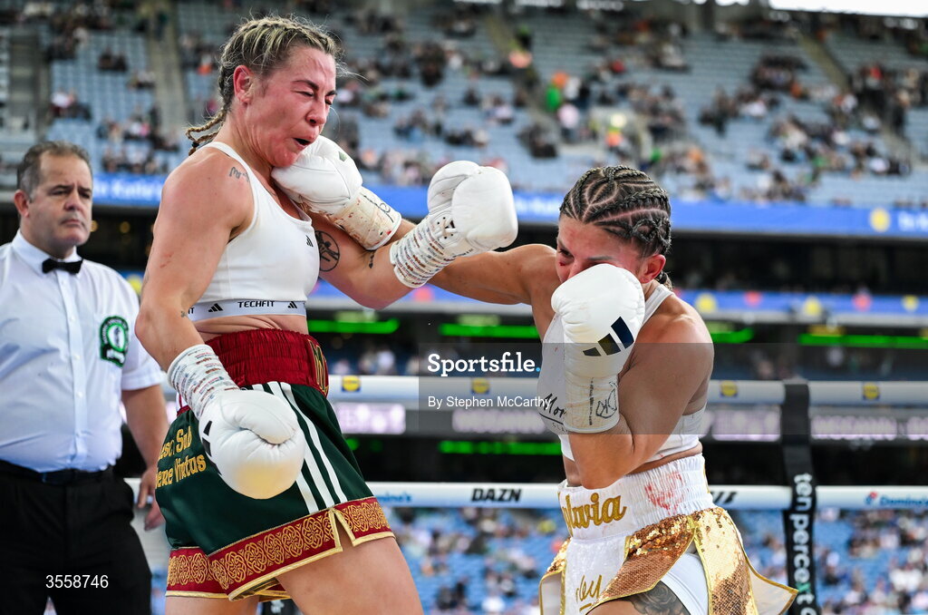 5 September 2026; Molly McCann, left, and Sylwia Doligala during their bantamweight bout at the Once Upon A Time fight night in Croke Park, Dublin. Photo by Stephen McCarthy/Sportsfile