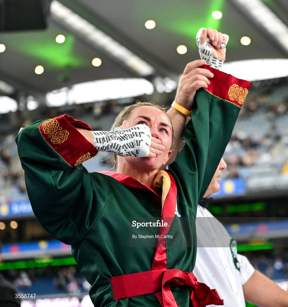 5 September 2026; Molly McCann celebrates after being declared victorious in her bantamweight bout with Sylwia Doligala at the Once Upon A Time fight night in Croke Park, Dublin. Photo by Stephen McCarthy/Sportsfile