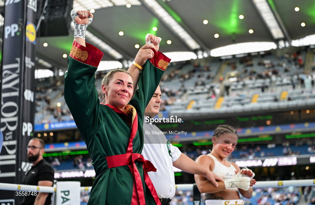 5 September 2026; Molly McCann celebrates after being declared victorious in her bantamweight bout with Sylwia Doligala at the Once Upon A Time fight night in Croke Park, Dublin. Photo by Stephen McCarthy/Sportsfile