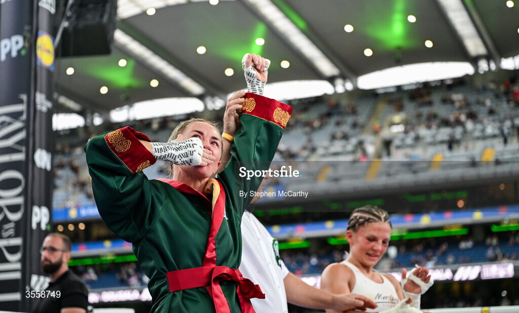 5 September 2026; Molly McCann celebrates after being declared victorious in her bantamweight bout with Sylwia Doligala at the Once Upon A Time fight night in Croke Park, Dublin. Photo by Stephen McCarthy/Sportsfile