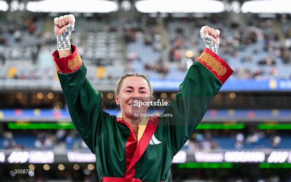 5 September 2026; Molly McCann celebrates after being declared victorious in her bantamweight bout with Sylwia Doligala at the Once Upon A Time fight night in Croke Park, Dublin. Photo by Stephen McCarthy/Sportsfile