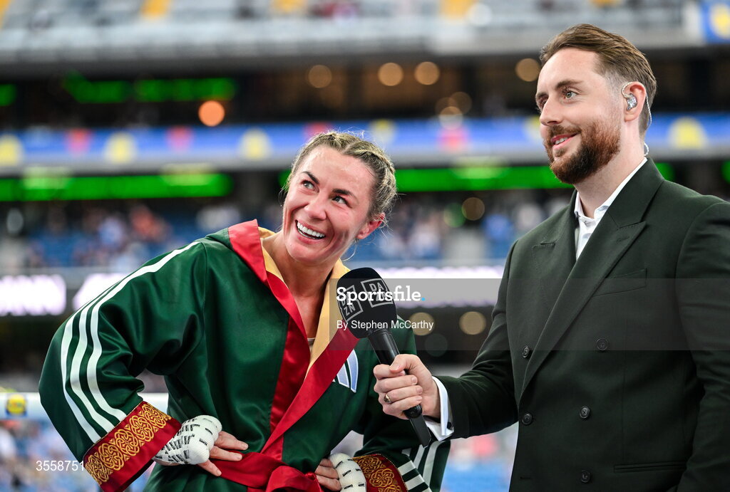 5 September 2026; Molly McCann is interviewed by Presenter Jamie Ward after being declared victorious in her bantamweight bout with Sylwia Doligala at the Once Upon A Time fight night in Croke Park, Dublin. Photo by Stephen McCarthy/Sportsfile