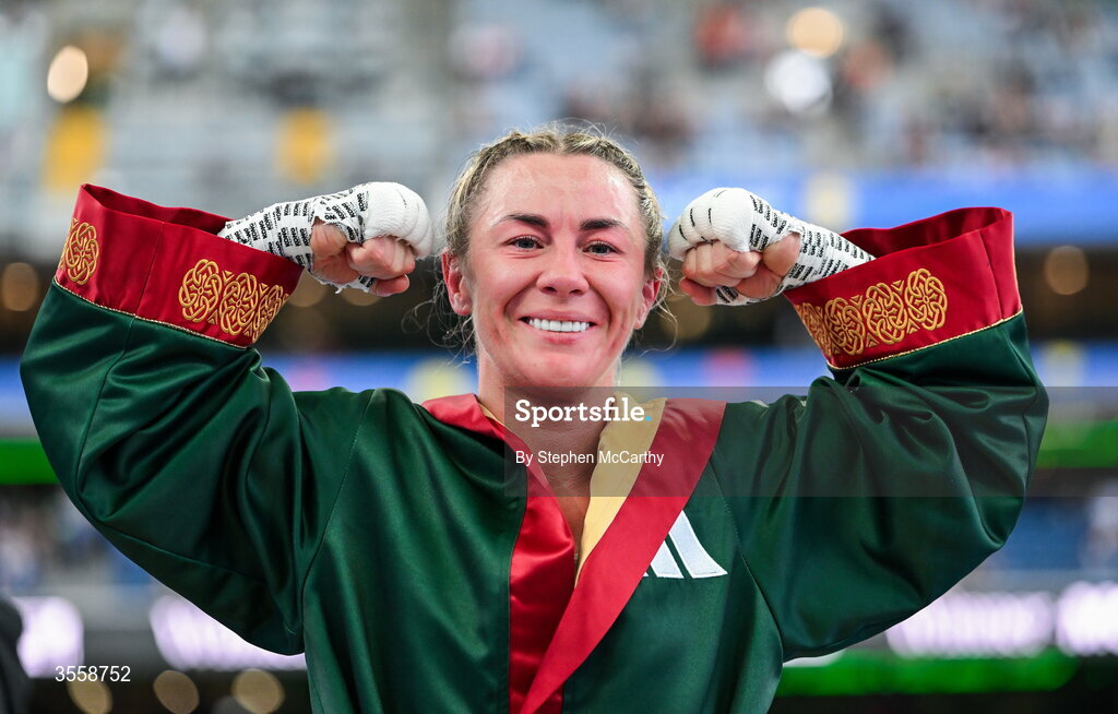 5 September 2026; Molly McCann celebrates after being declared victorious in her bantamweight bout with Sylwia Doligala at the Once Upon A Time fight night in Croke Park, Dublin. Photo by Stephen McCarthy/Sportsfile