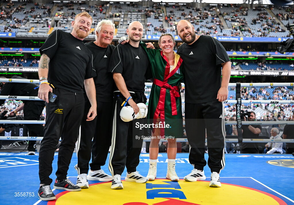 5 September 2026; Molly McCann, second from right, celebrates with her team after being declared victorious in her bantamweight bout with Sylwia Doligala at the Once Upon A Time fight night in Croke Park, Dublin. Photo by Stephen McCarthy/Sportsfile