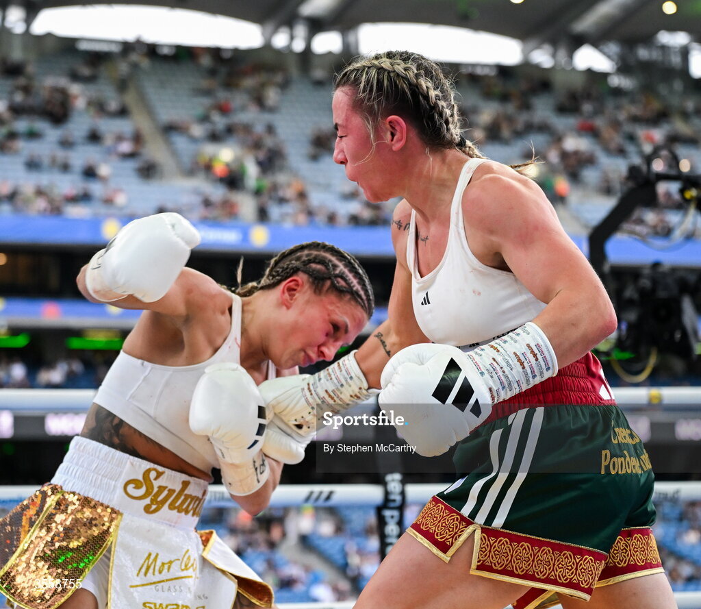 5 September 2026; Molly McCann, right, and Sylwia Doligala during their bantamweight bout at the Once Upon A Time fight night in Croke Park, Dublin. Photo by Stephen McCarthy/Sportsfile