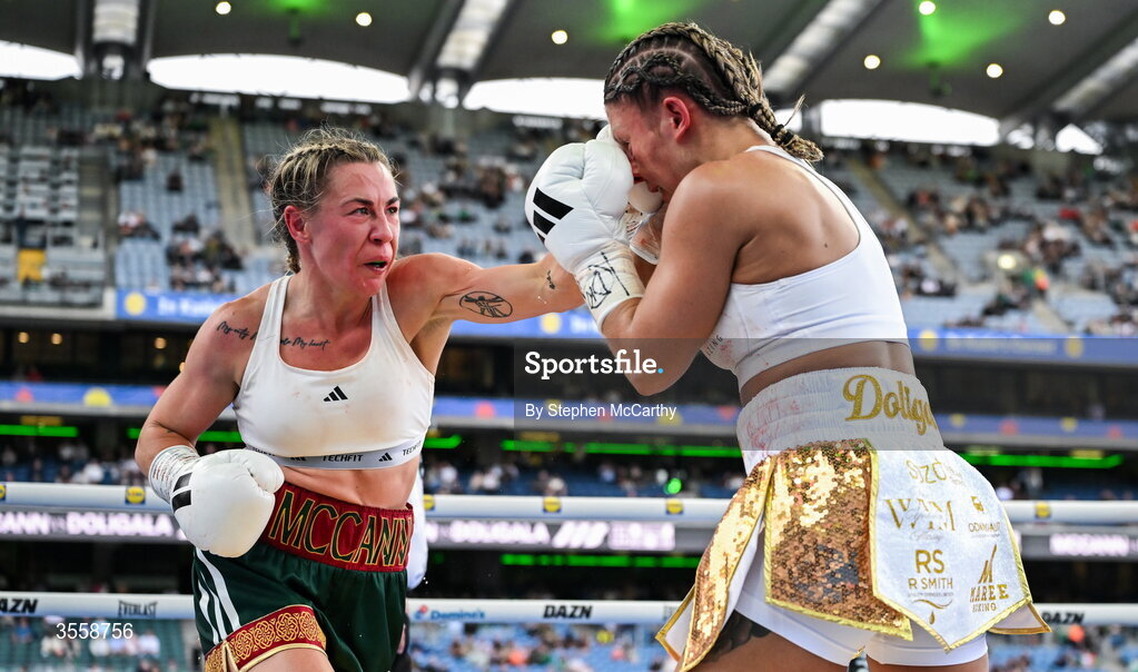 5 September 2026; Molly McCann, left, and Sylwia Doligala during their bantamweight bout at the Once Upon A Time fight night in Croke Park, Dublin. Photo by Stephen McCarthy/Sportsfile