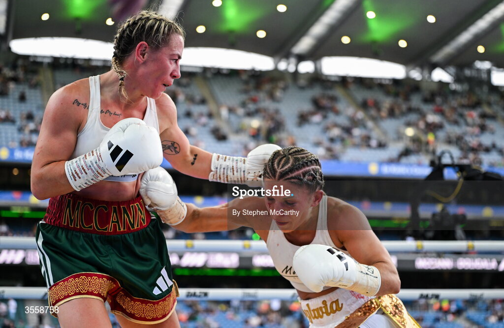5 September 2026; Molly McCann, left, and Sylwia Doligala during their bantamweight bout at the Once Upon A Time fight night in Croke Park, Dublin. Photo by Stephen McCarthy/Sportsfile