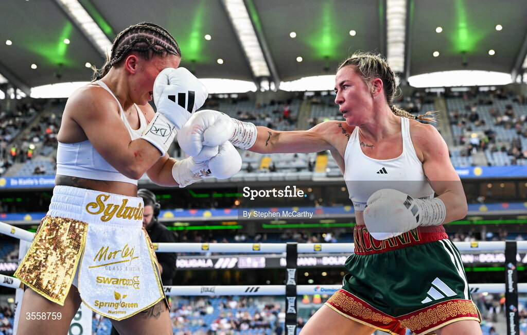 5 September 2026; Molly McCann, right, and Sylwia Doligala during their bantamweight bout at the Once Upon A Time fight night in Croke Park, Dublin. Photo by Stephen McCarthy/Sportsfile