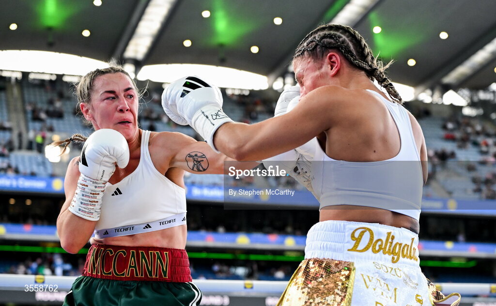 5 September 2026; Molly McCann, left, and Sylwia Doligala during their bantamweight bout at the Once Upon A Time fight night in Croke Park, Dublin. Photo by Stephen McCarthy/Sportsfile