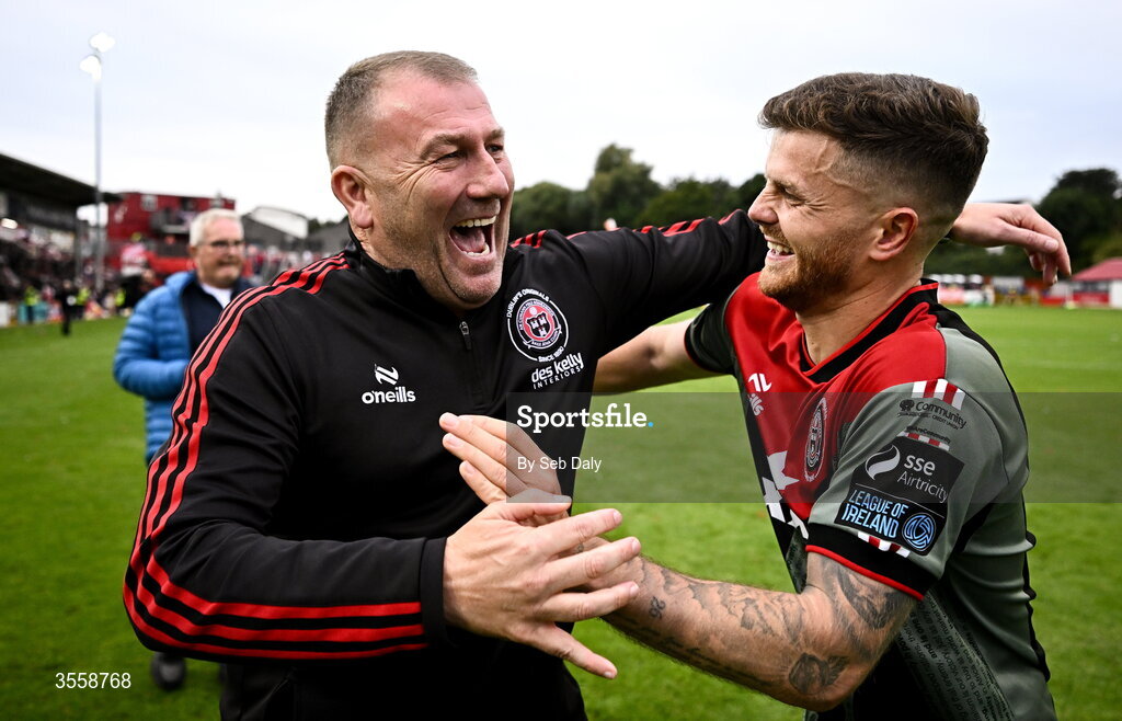 5 September 2026; Bohemians manager Alan Reynolds, left, and Adam McDonnell celebrate after their side's victory, following a penalty shoot-out, in the Club Orange Men’s FAI Cup quarter-final match between St Patrick's Athletic and Bohemians at Richmond Park in Dublin. Photo by Seb Daly/Sportsfile