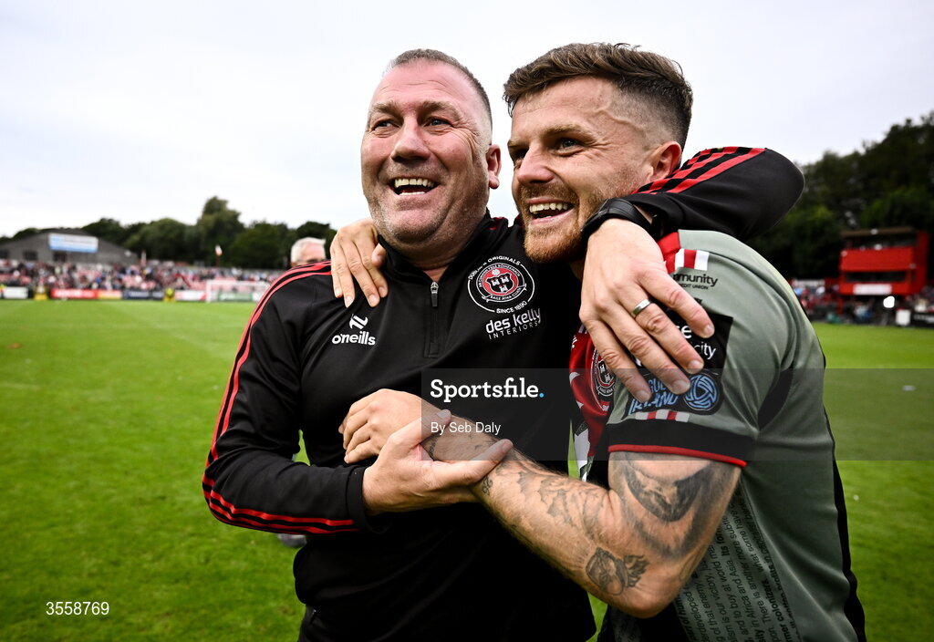 5 September 2026; Bohemians manager Alan Reynolds, left, and Adam McDonnell celebrate after their side's victory, following a penalty shoot-out, in the Club Orange Men’s FAI Cup quarter-final match between St Patrick's Athletic and Bohemians at Richmond Park in Dublin. Photo by Seb Daly/Sportsfile