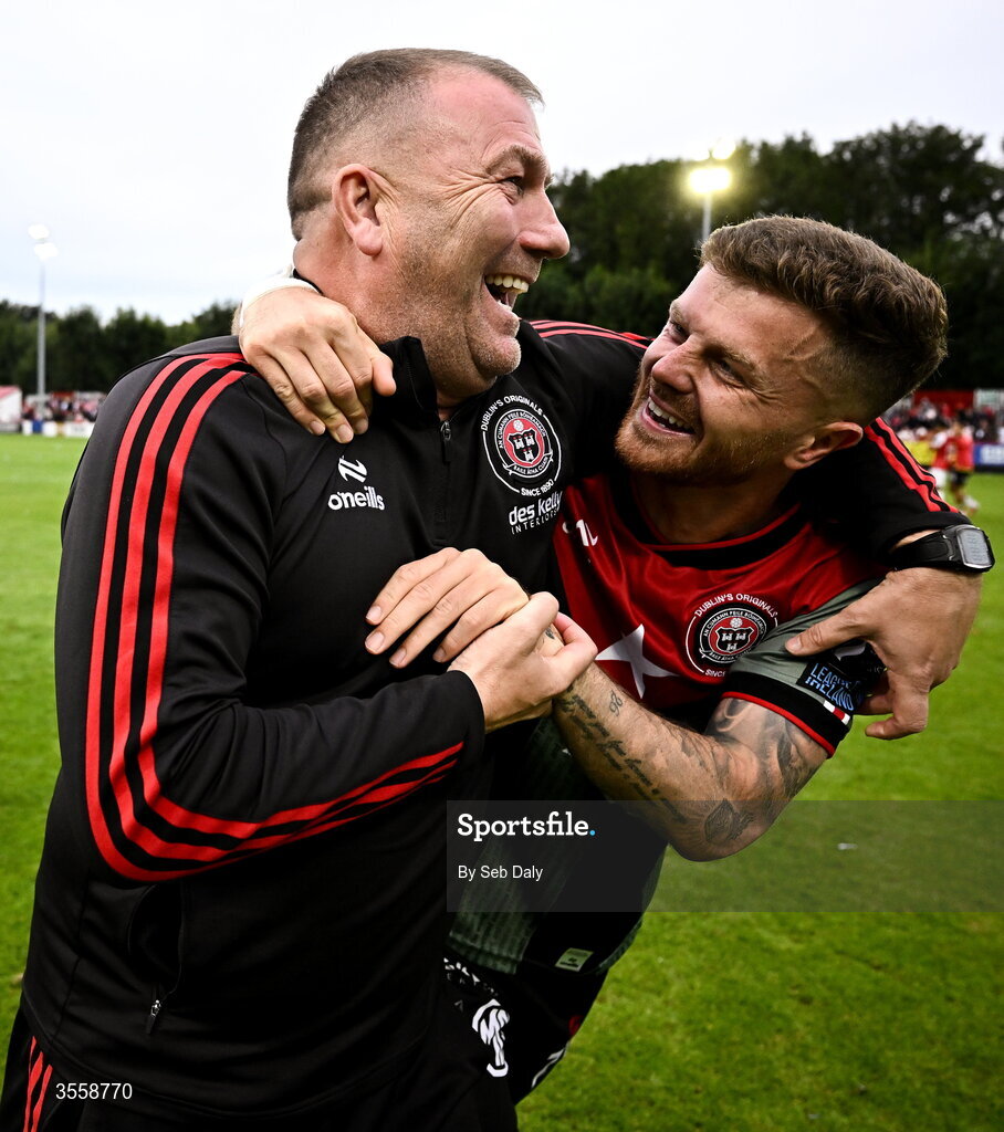 5 September 2026; Bohemians manager Alan Reynolds, left, and Adam McDonnell celebrate after their side's victory, following a penalty shoot-out, in the Club Orange Men’s FAI Cup quarter-final match between St Patrick's Athletic and Bohemians at Richmond Park in Dublin. Photo by Seb Daly/Sportsfile
