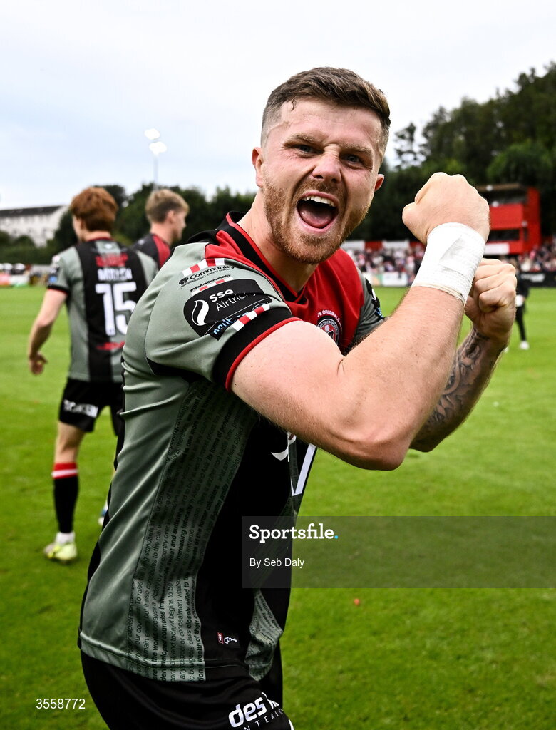 5 September 2026; Adam McDonnell of Bohemians celebrates after his side's victory, following a penalty shoot-out, in the Club Orange Men’s FAI Cup quarter-final match between St Patrick's Athletic and Bohemians at Richmond Park in Dublin. Photo by Seb Daly/Sportsfile