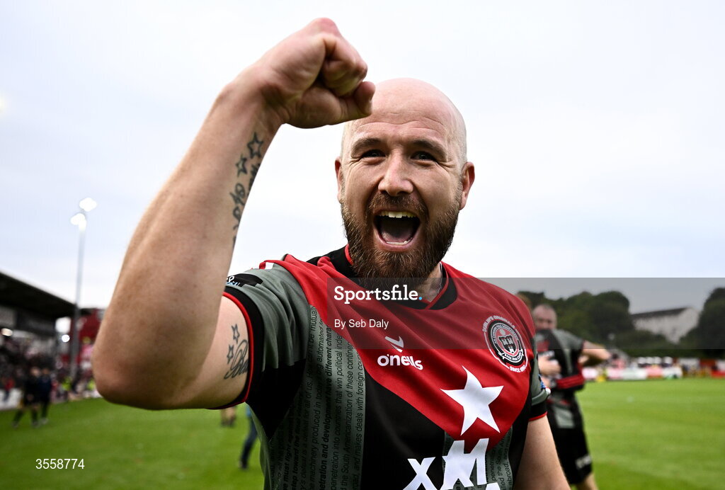 5 September 2026; Paddy Madden of Bohemians celebrates after his side's victory, following a penalty shoot-out, in the Club Orange Men’s FAI Cup quarter-final match between St Patrick's Athletic and Bohemians at Richmond Park in Dublin. Photo by Seb Daly/Sportsfile