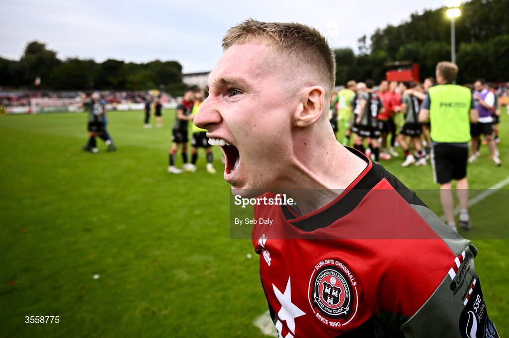 5 September 2026; Ross Tierney of Bohemians celebrates after his side's victory, following a penalty shoot-out, in the Club Orange Men’s FAI Cup quarter-final match between St Patrick's Athletic and Bohemians at Richmond Park in Dublin. Photo by Seb Daly/Sportsfile