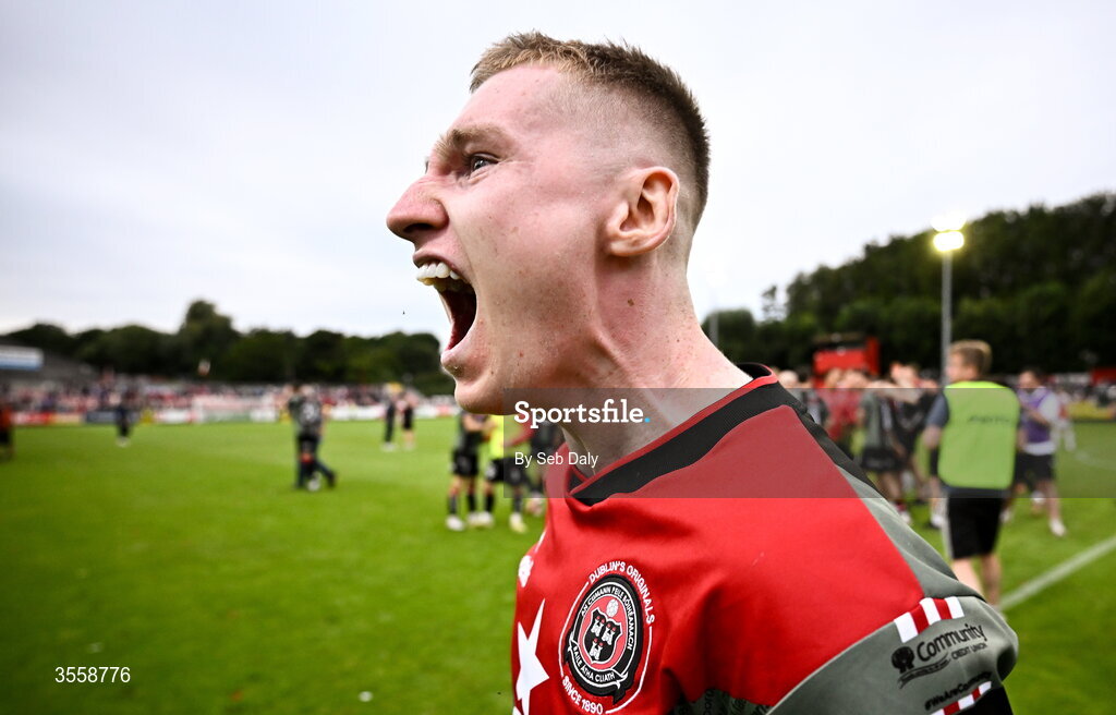 5 September 2026; Ross Tierney of Bohemians celebrates after his side's victory, following a penalty shoot-out, in the Club Orange Men’s FAI Cup quarter-final match between St Patrick's Athletic and Bohemians at Richmond Park in Dublin. Photo by Seb Daly/Sportsfile