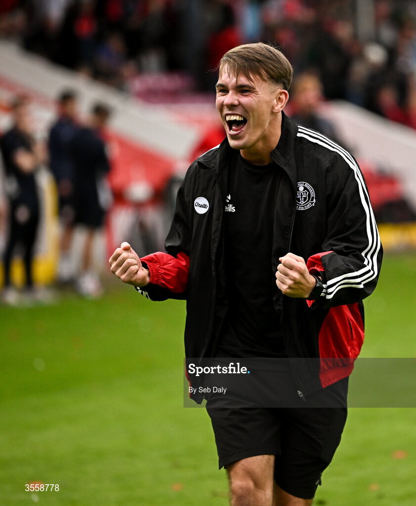 5 September 2026; Dayle Rooney of Bohemians celebrates after his side's victory, following a penalty shoot-out, in the Club Orange Men’s FAI Cup quarter-final match between St Patrick's Athletic and Bohemians at Richmond Park in Dublin. Photo by Seb Daly/Sportsfile