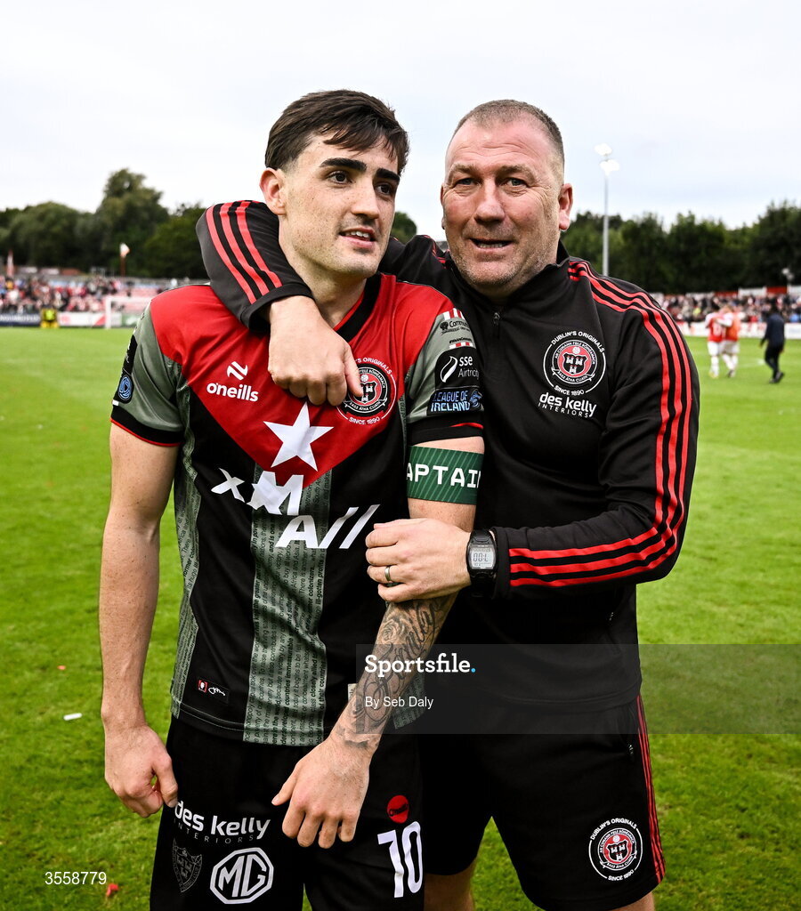 5 September 2026; Bohemians manager Alan Reynolds, right, and Dawson Devoy after their side's victory, following a penalty shoot-out, in the Club Orange Men’s FAI Cup quarter-final match between St Patrick's Athletic and Bohemians at Richmond Park in Dublin. Photo by Seb Daly/Sportsfile