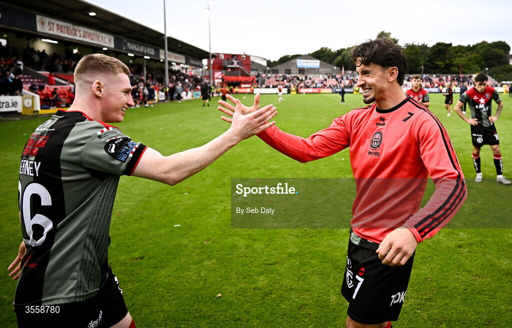 5 September 2026; Bohemians players Ross Tierney, left, and Connor Parsons celerbrate after their side's victory, following a penalty shoot-out, in the Club Orange Men’s FAI Cup quarter-final match between St Patrick's Athletic and Bohemians at Richmond Park in Dublin. Photo by Seb Daly/Sportsfile